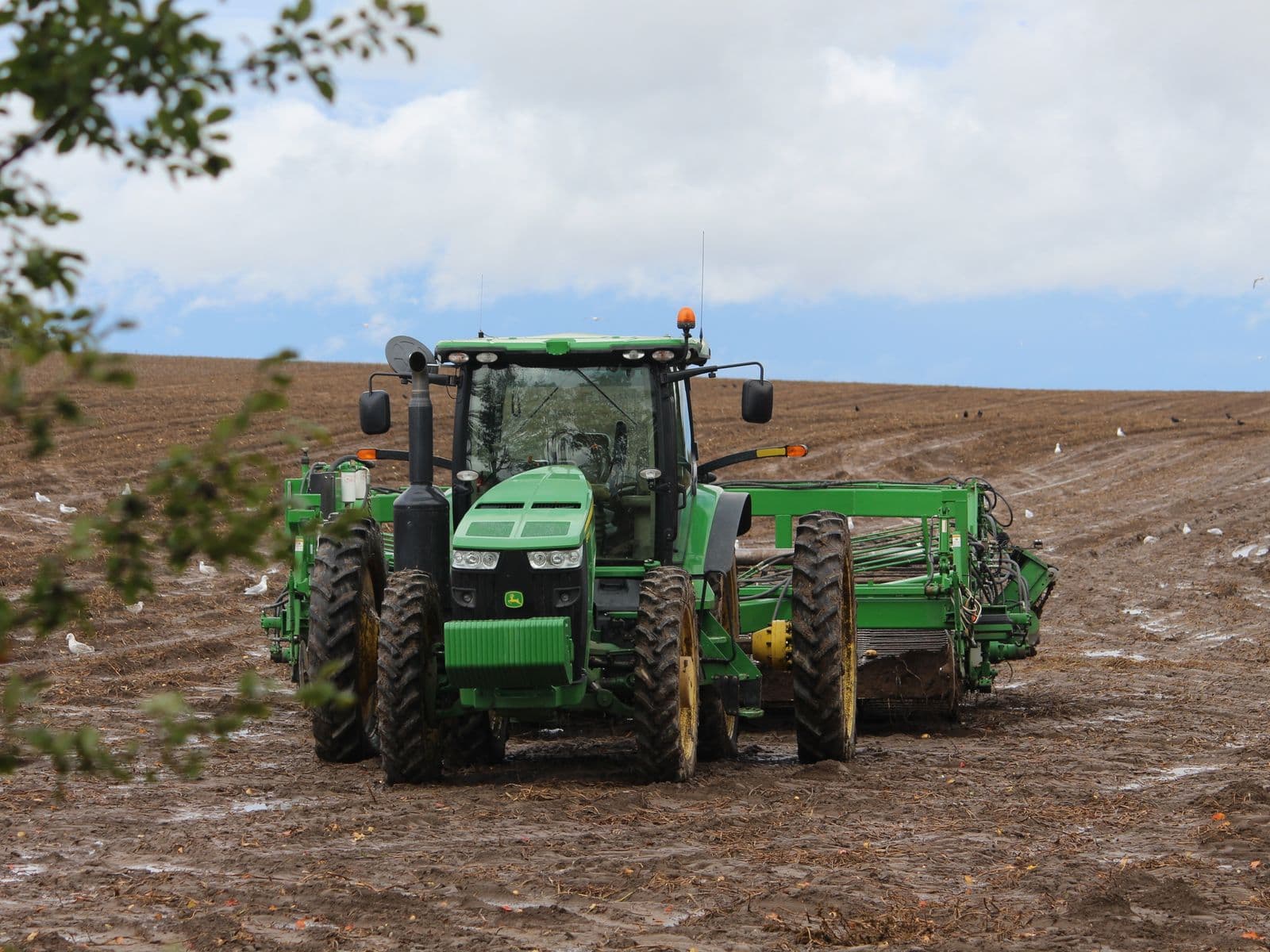 Tractor with an implement working a field