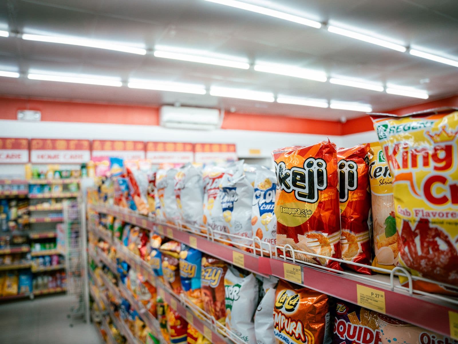 Vibrant snack aisle in a retail store
