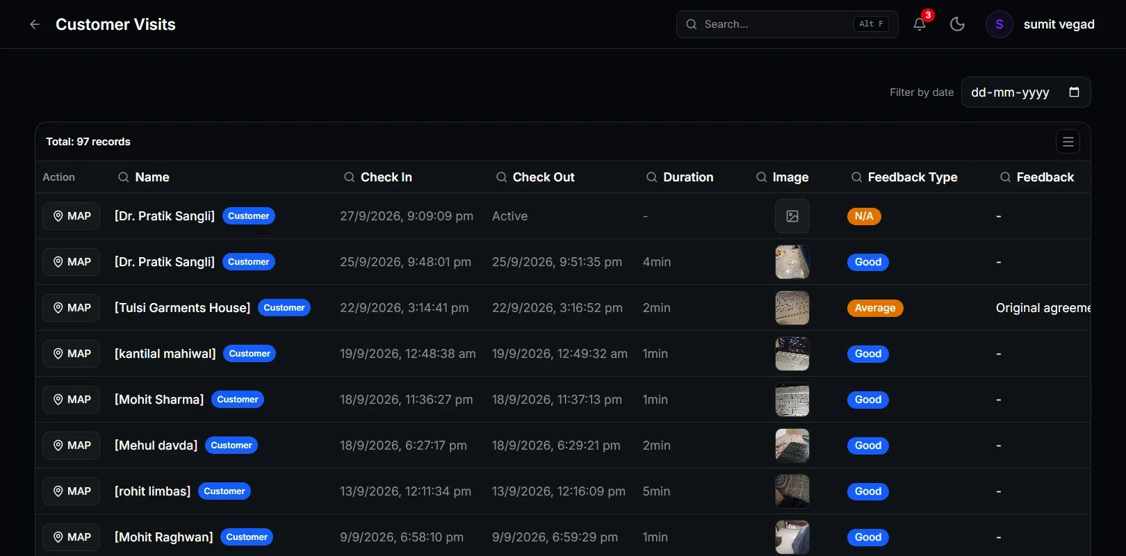 OZZO Customer Visits list showing each visit's customer, check-in and check-out time, duration, the photo captured on site and the rep's feedback, with a map link per row
